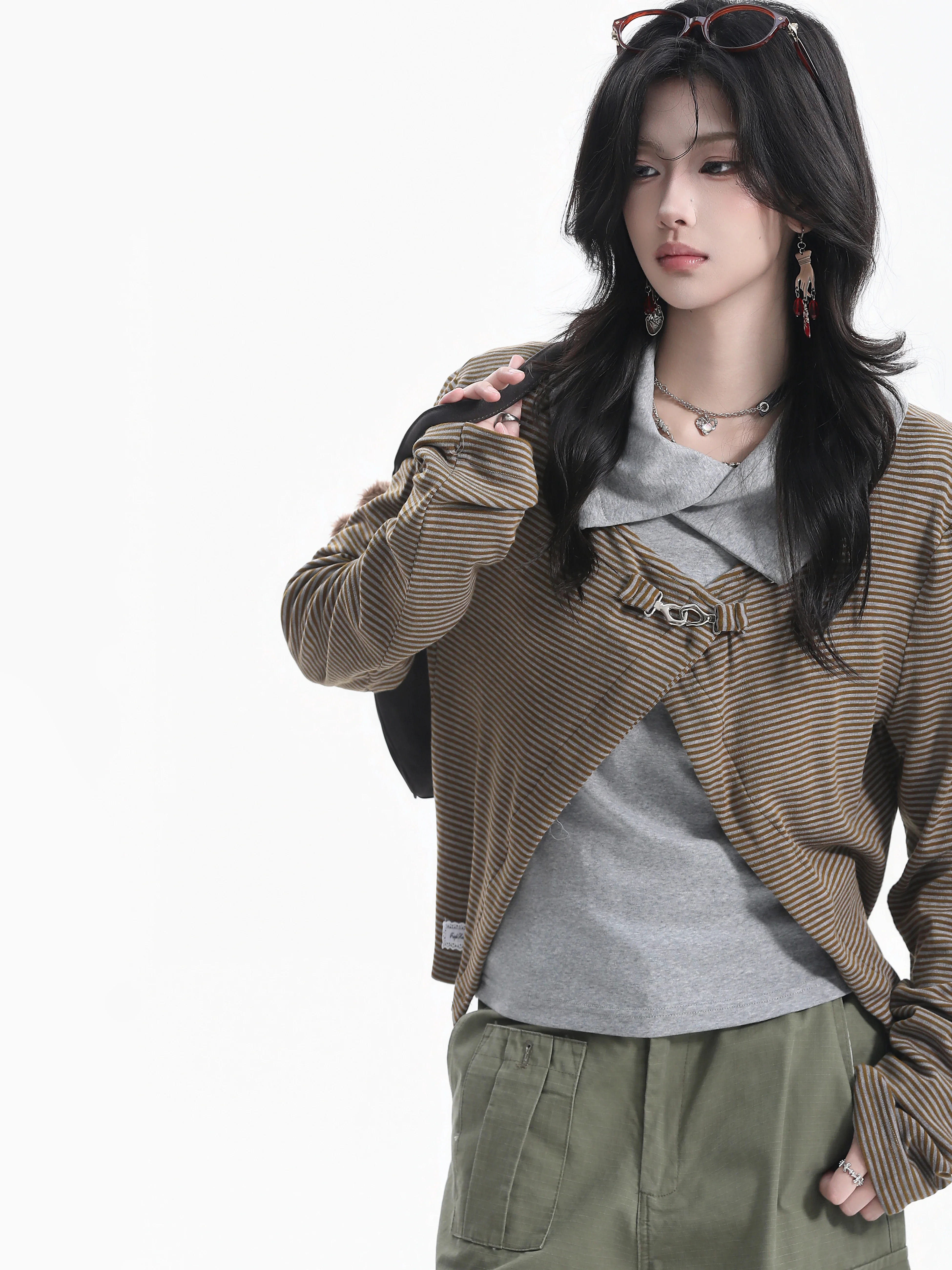 Casual Korean Style Women's Short High Collar Cardigan Striped Base Layer Shirt Metal Button Flip Collar Two-Piece Set
