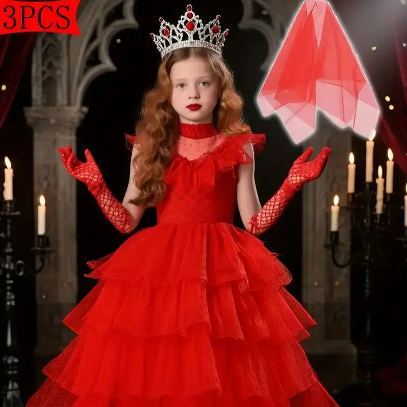 

Halloween Girls Princess Dress Red Tulle Gown+Veil+Gloves Casual Kids Sleeveless Princess Dresses For Christmas Party clothing