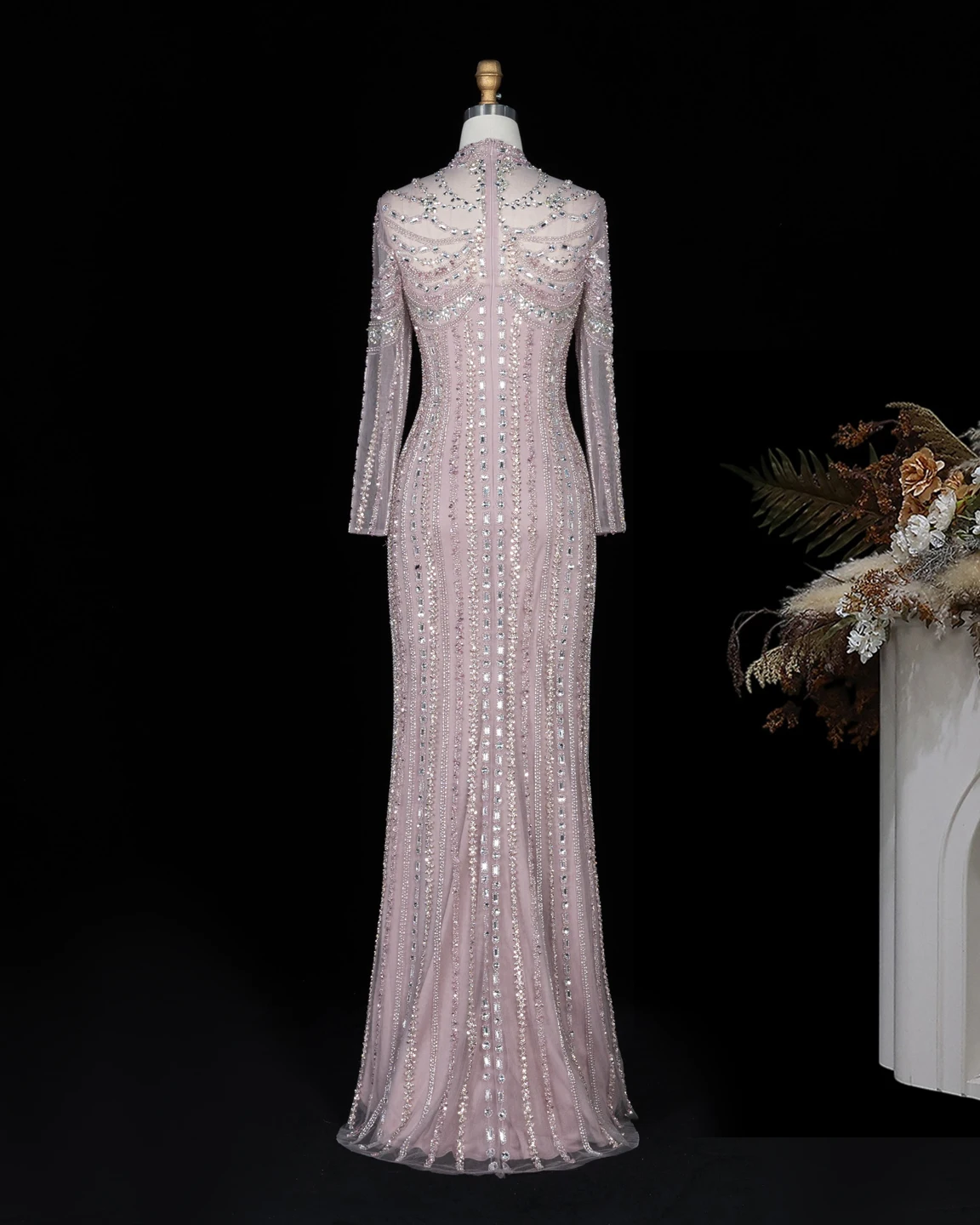 Sharon Said Abendkleid Elegantes Meerjungfrauenkleid mit hohem Halsausschnitt, Tüll, langen Ärmeln, Kristallen, Dubai, formelle Party, Hochzeitskleider SS195, maßgeschneidert – Detail 12