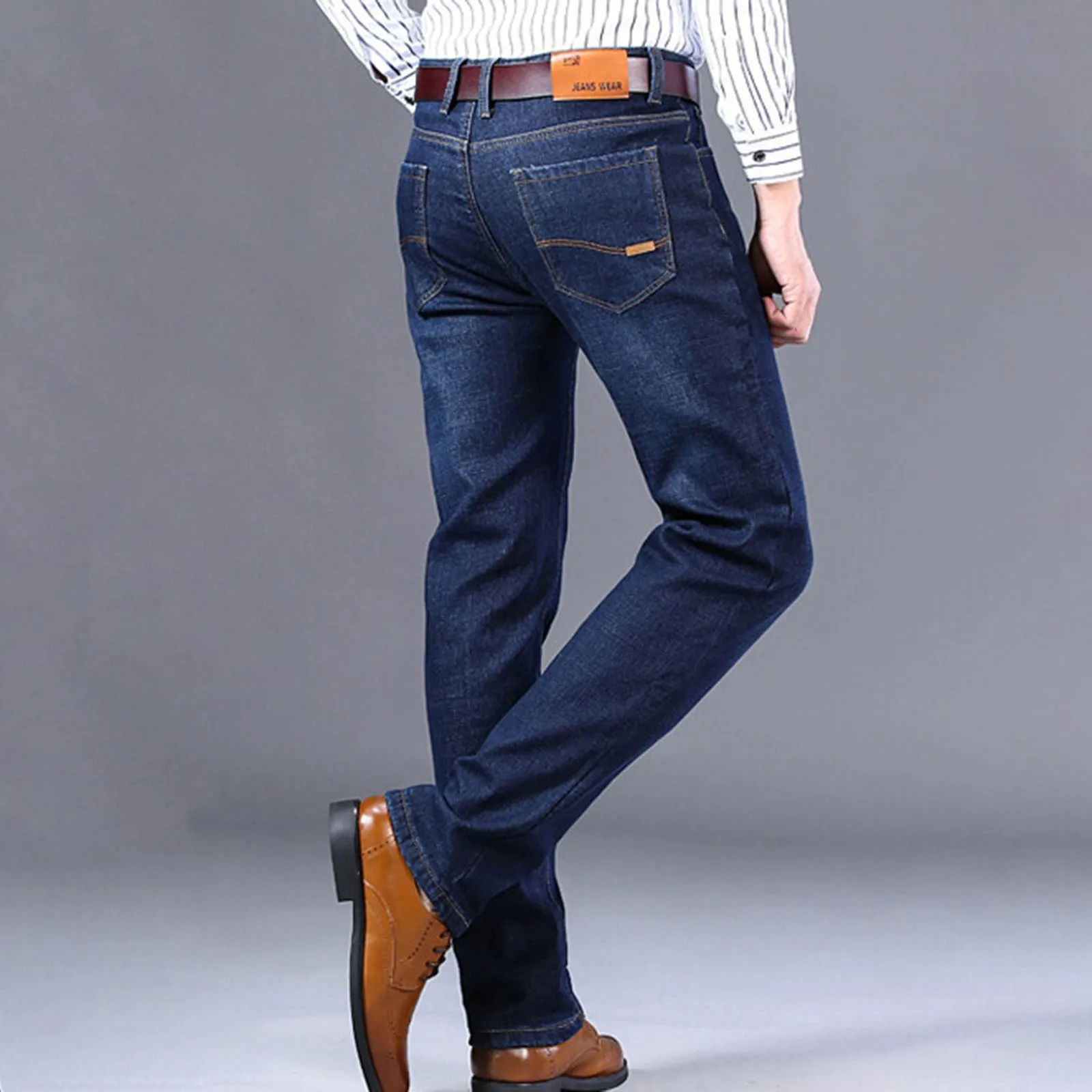 2024 Stretch Man Solid Color Jeans Autumn Winter Fleece Warm Casual High Quality Straight Denim Pants Trousers Male