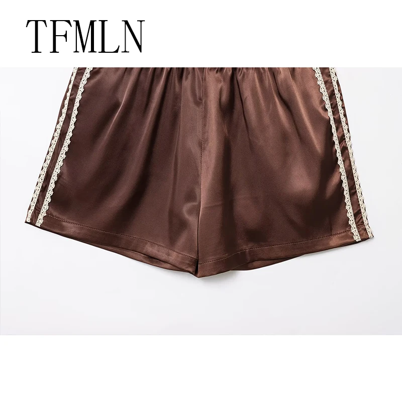 TFMLN 여성 새 여름 실크 레이스 반바지 팬티 모조 프릴 블루머 안티 노출 바지 로리타 새틴 속옷 반바지 드레스