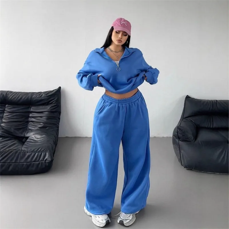 Fashion High Street Large Size Women's Clothing Semi-open Pullover Sweater Trousers Two-piece Set Loose Autumn and Winter Suit