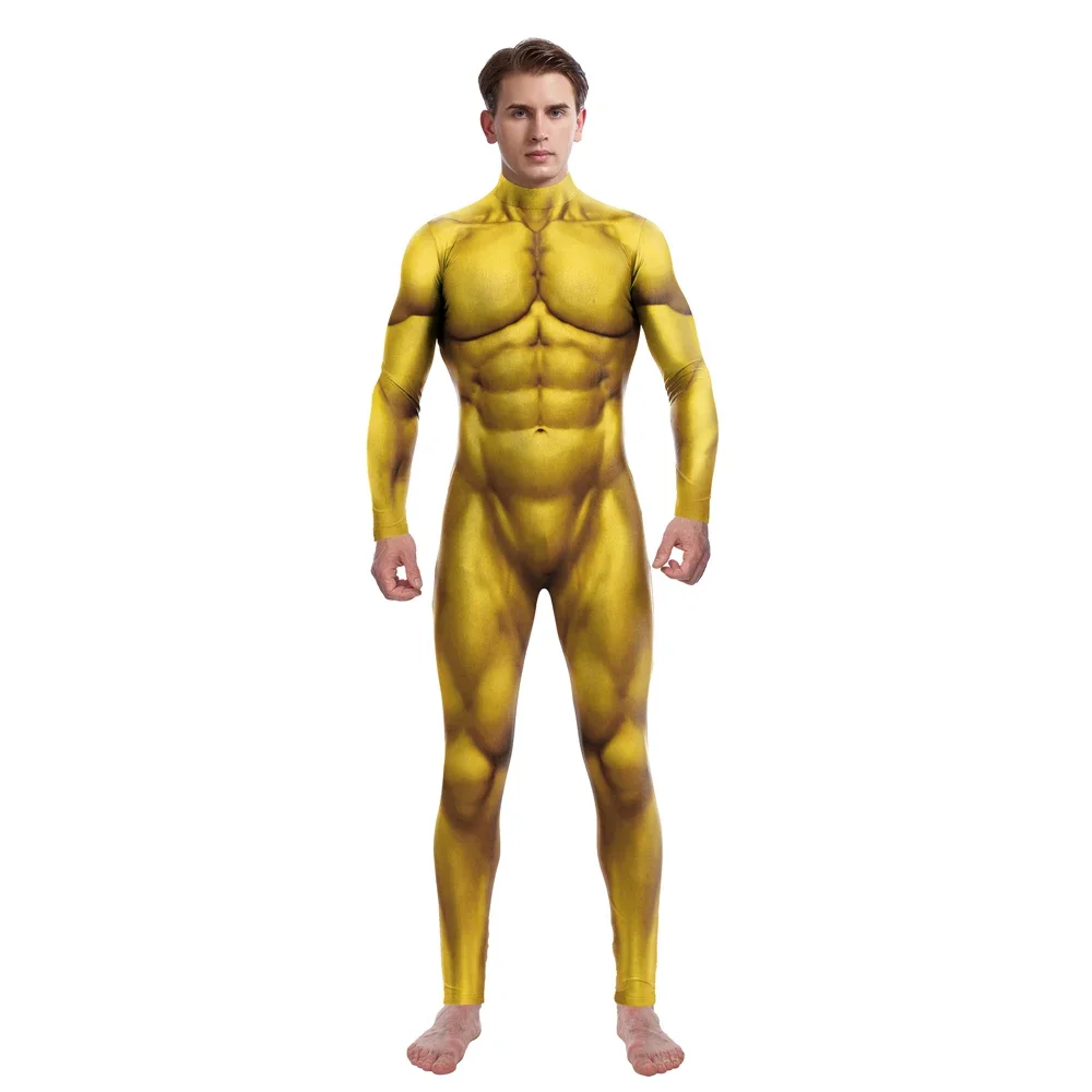 Purple Muscle Jumpsui Gold Giant Cosplay Costume Halloween Bodysuit Skinny Party Zentai Carnival 3D Printing Catsuit Men Outfit