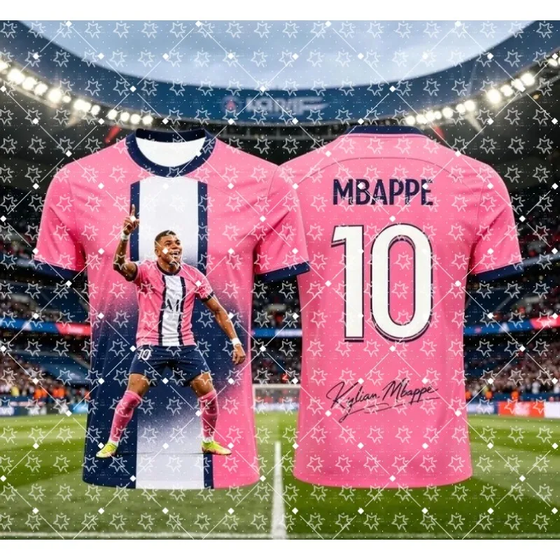 Mbappe No.10 Football Star Graphic T‑Shirt Pink Gradient Print Short Sleeve Tee Soccer Fan Jersey Style Casual Sports T‑Shirts