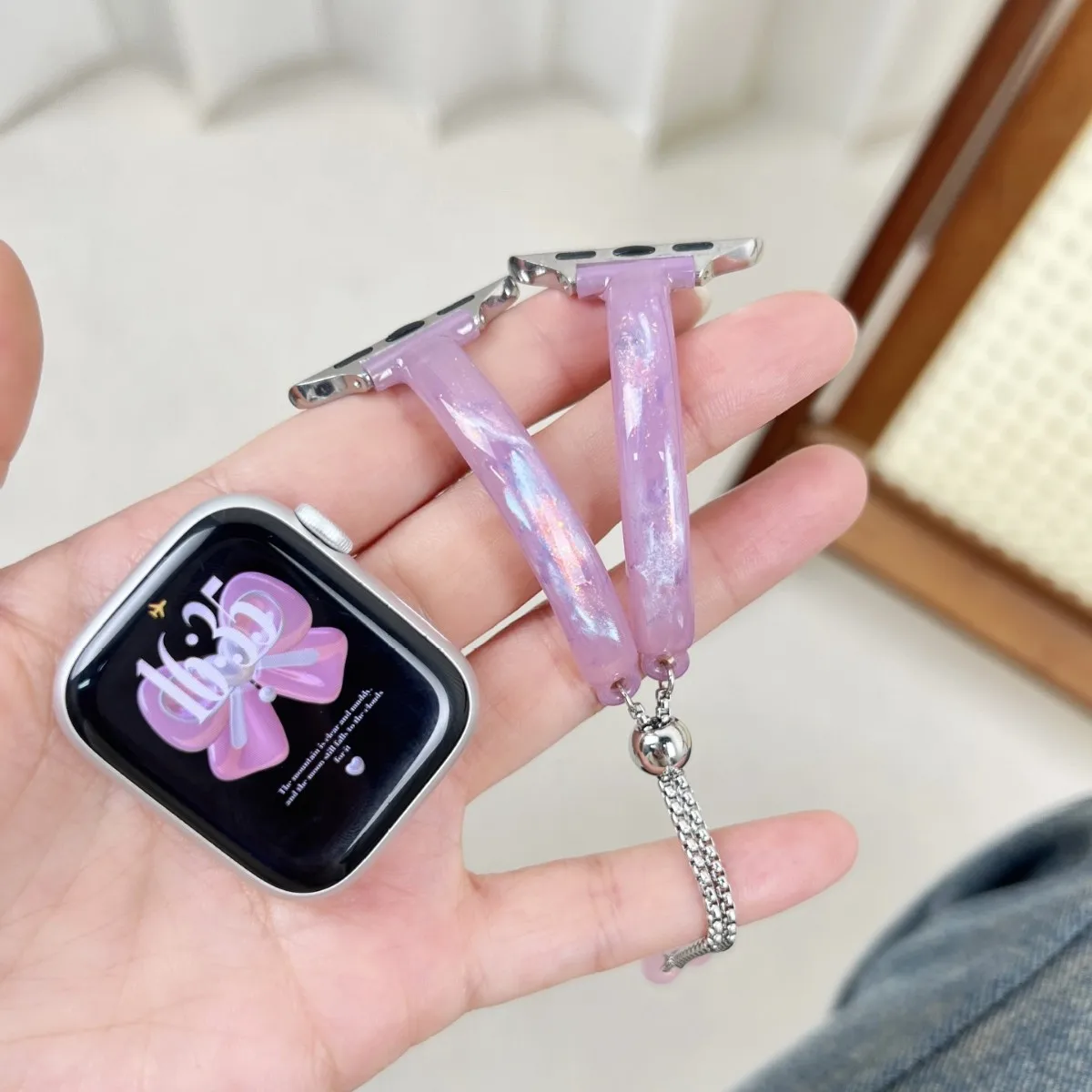 Women Hand‑Painted Cat‑Eye Resin Strap For Apple Watch Series11 10 9 8 7 6 Slim Chain for IWatch Replacement Wristband Bracelet