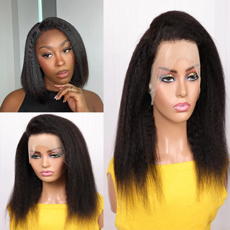 Yaki Glueless Lace Front Wig for Women, Kinky Straight Bob Wig for BabyHair, Black Preplucked, Heat Degree, Soft, 16 ", 180Density, 03/3
