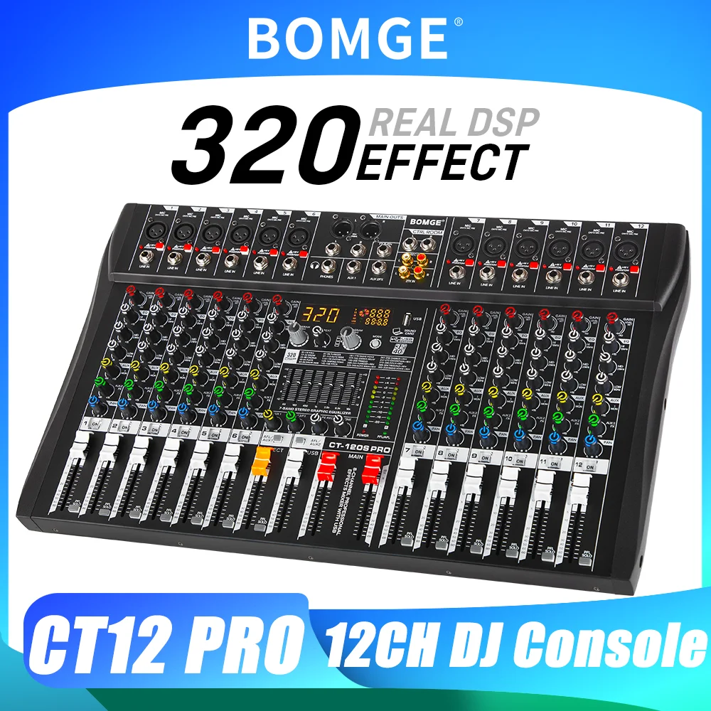 BOMGE Professional 12 Channel Audio Mixer Mixing DJ Console USB with 48V Phantom Power 320 DSP Effects Sound Table for Stage