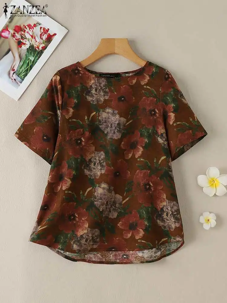 

2024 ZANZEA Summer Floral Printed Blouse Women Vintage Tops Tunic Bohemian O Neck Short Sleeve Shirt Casual Cotton Blusas Mujer