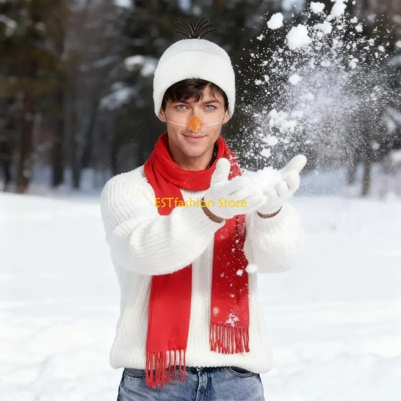 Y5GC 3pcs Snowman Costume Accessories Set with Knitted Cap Scarf Carrot Nose for Winter Festivals Christmas Halloween Parties