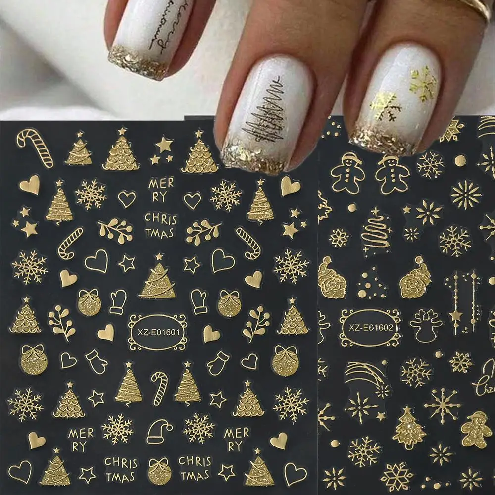 2Pcs 3D Gold Christmas Nail Art Stickers Xmas Tree Snowflakes Elk Bell Candy Cane Gingerbread Nails Decals Winter Manicure Decor
