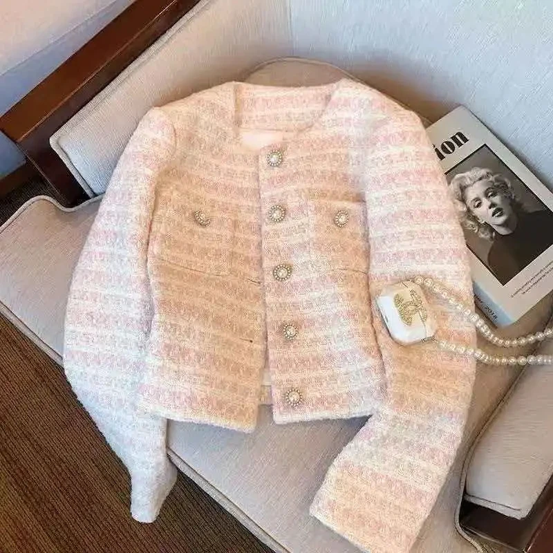 Women's Short Pearl button Small fragrant style Jacket Spring Autumn New Round neck Long sleeved Woven suit Top Single-breasted