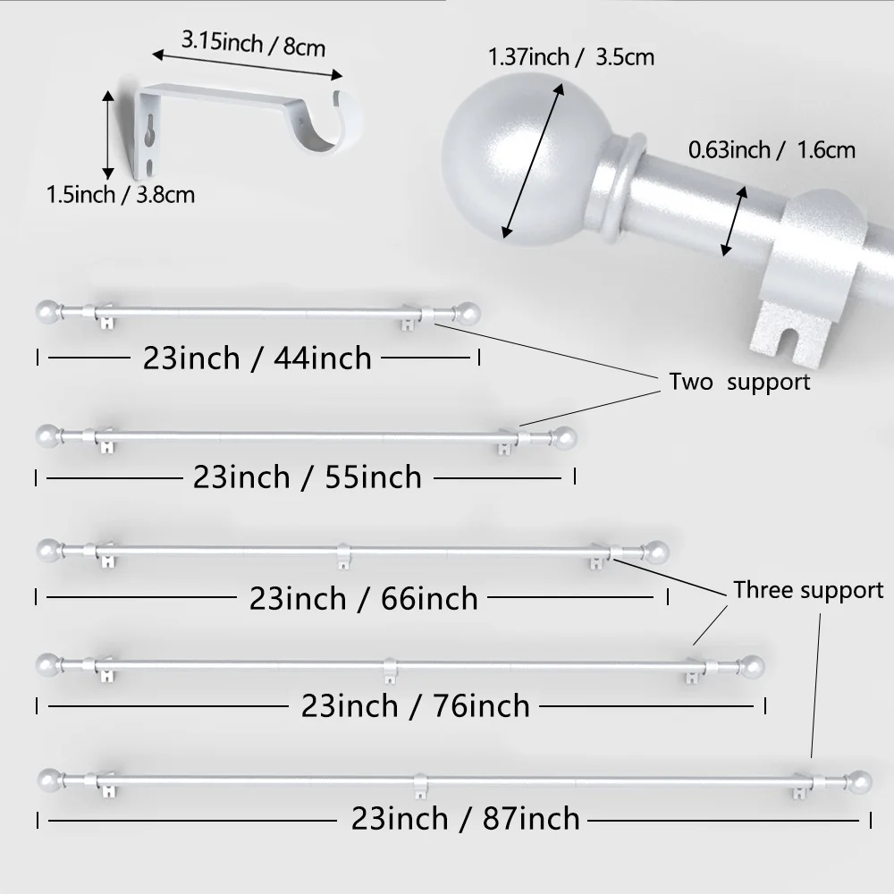 Home Decoration, 0.63 inch Iron Splicing Curtain Rods/Roman Rods, Classic Curtain Rods with Small Ball Decorative Heads, Length