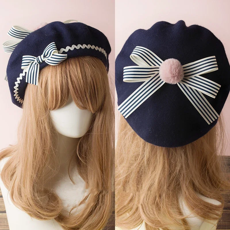 Handmade Women Wool Felt Beret Lolita Girls Cute Hat With Raised Bowknot Painter Beanie Cap