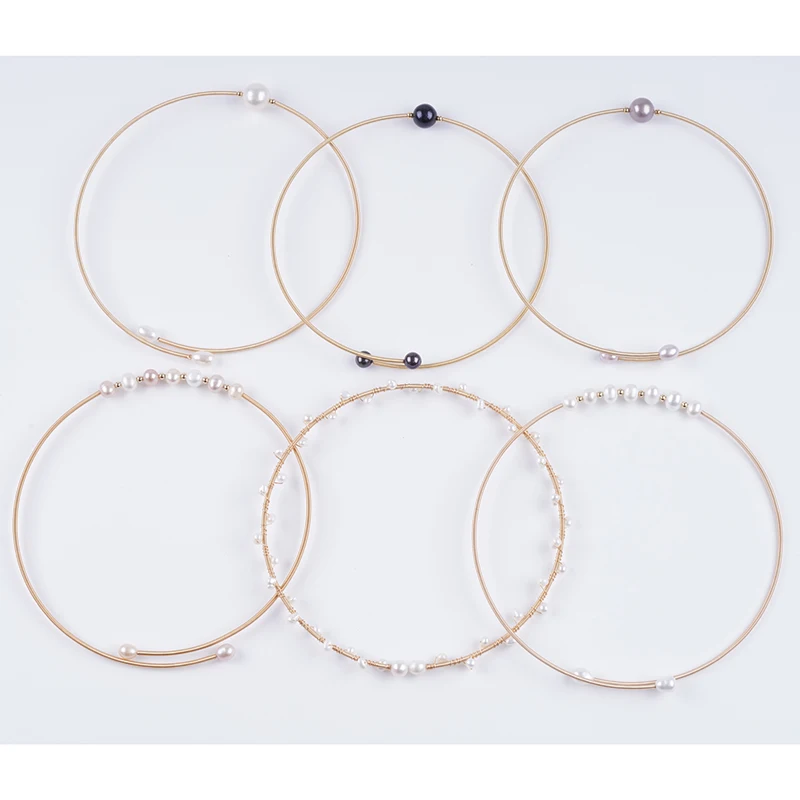 Natural Freshwater Pearl Golden Winding Wire Handmade Adjustable Necklace Collar Jewelry