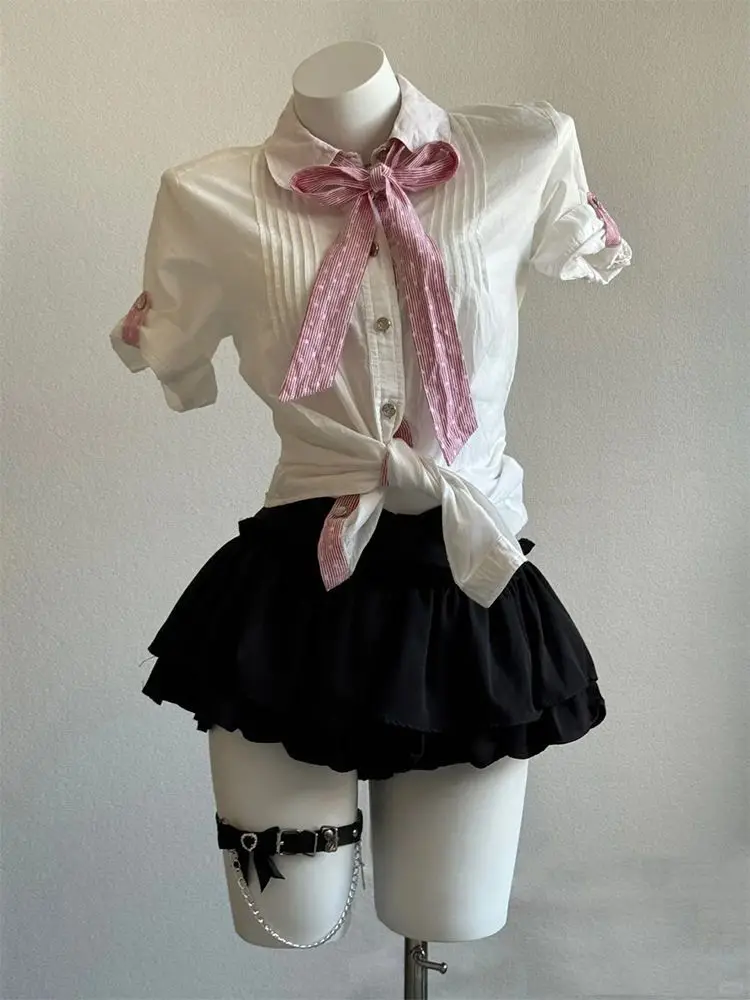 Conjunto japonés de 2 piezas para mujer, camisetas + vestido de baile gótico Punk Vintage Harajuku de los años 2000, Mini vestido ajustado Sexy con lazo a la moda, dulce y caliente