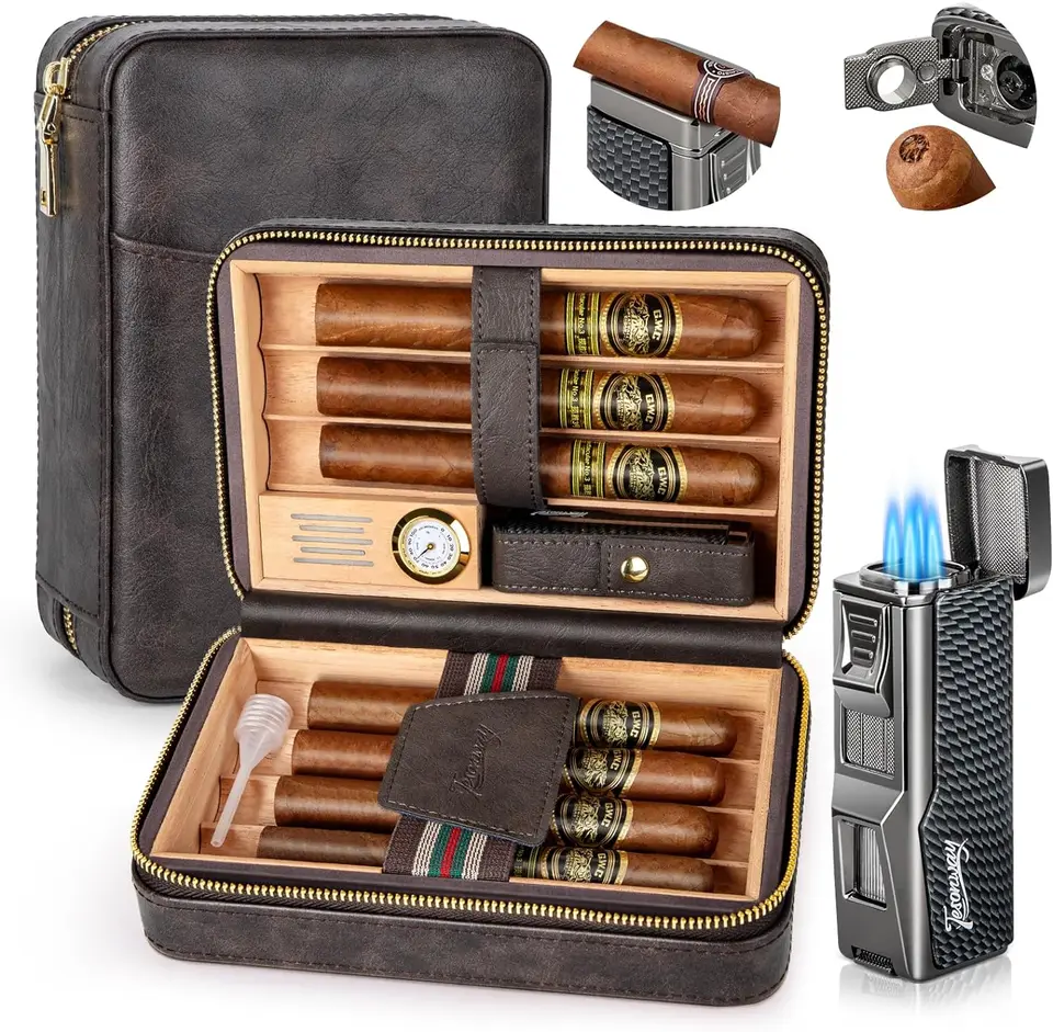 Étui à Cigares Cuir + Cèdre Scotte – Portable 3-4 Cigares – Avec Coupe-Cigare – Boîte Voyage Élégante Marron