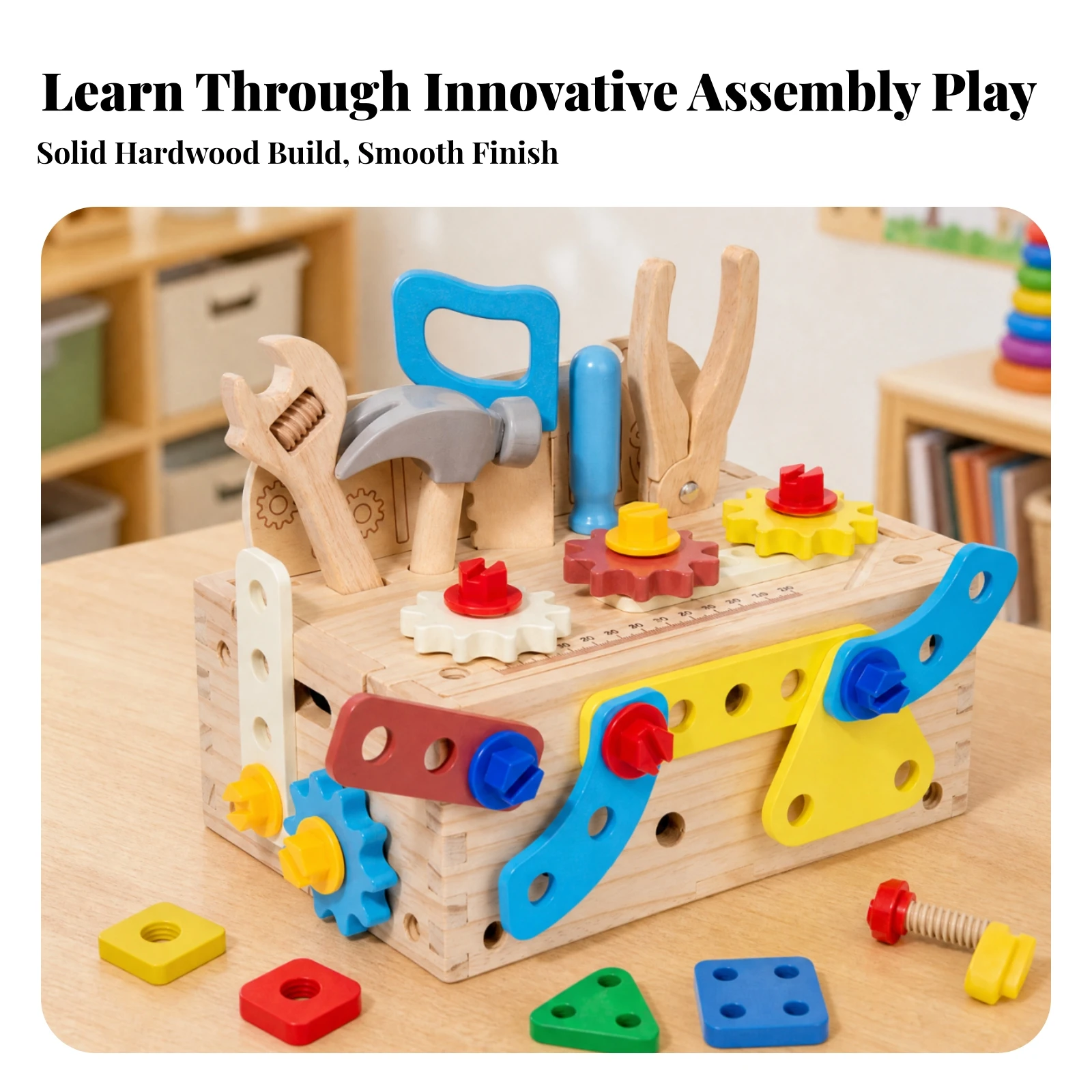 Wooden Toolbox with Play Tools Portable Wooden Tool Box Toy Pretend Play Tool Box Skill-Building Toy Toolbox Multifunctional