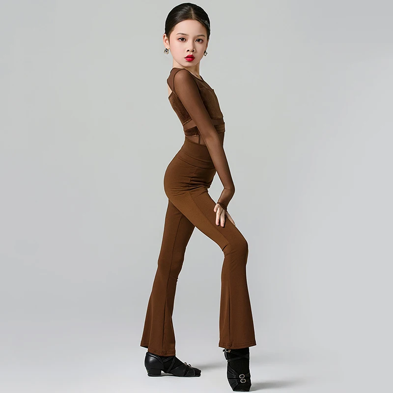 Coffee Children Professional Latin Dance Costumes Girls Kids Velvet Long Sleeve Mesh Bodysuit Pants Sets Competition Dancewear