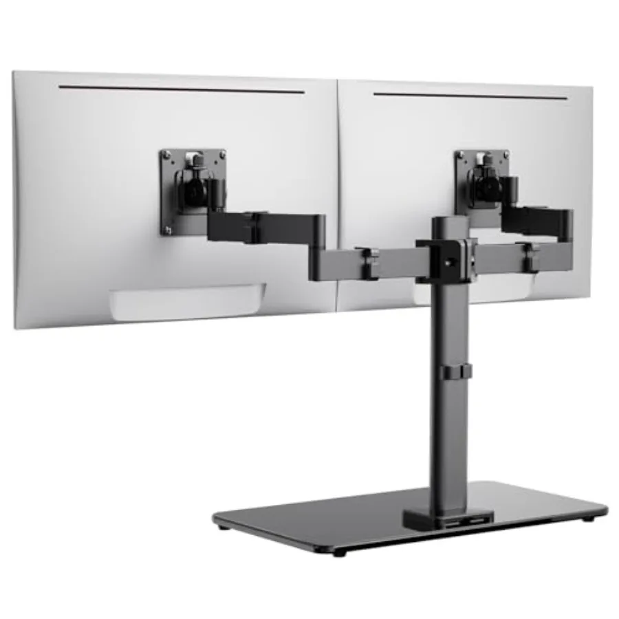 Freestanding dual monitor stand for 17-32 inch screens tempered glass base black supports two monitors up to 22 lbs per arm wit