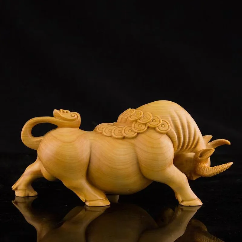 

Natural Solid Wood Wealth Fortune Bull Statue, Small Statue, Cute Home, Room, Office, Car Decoration