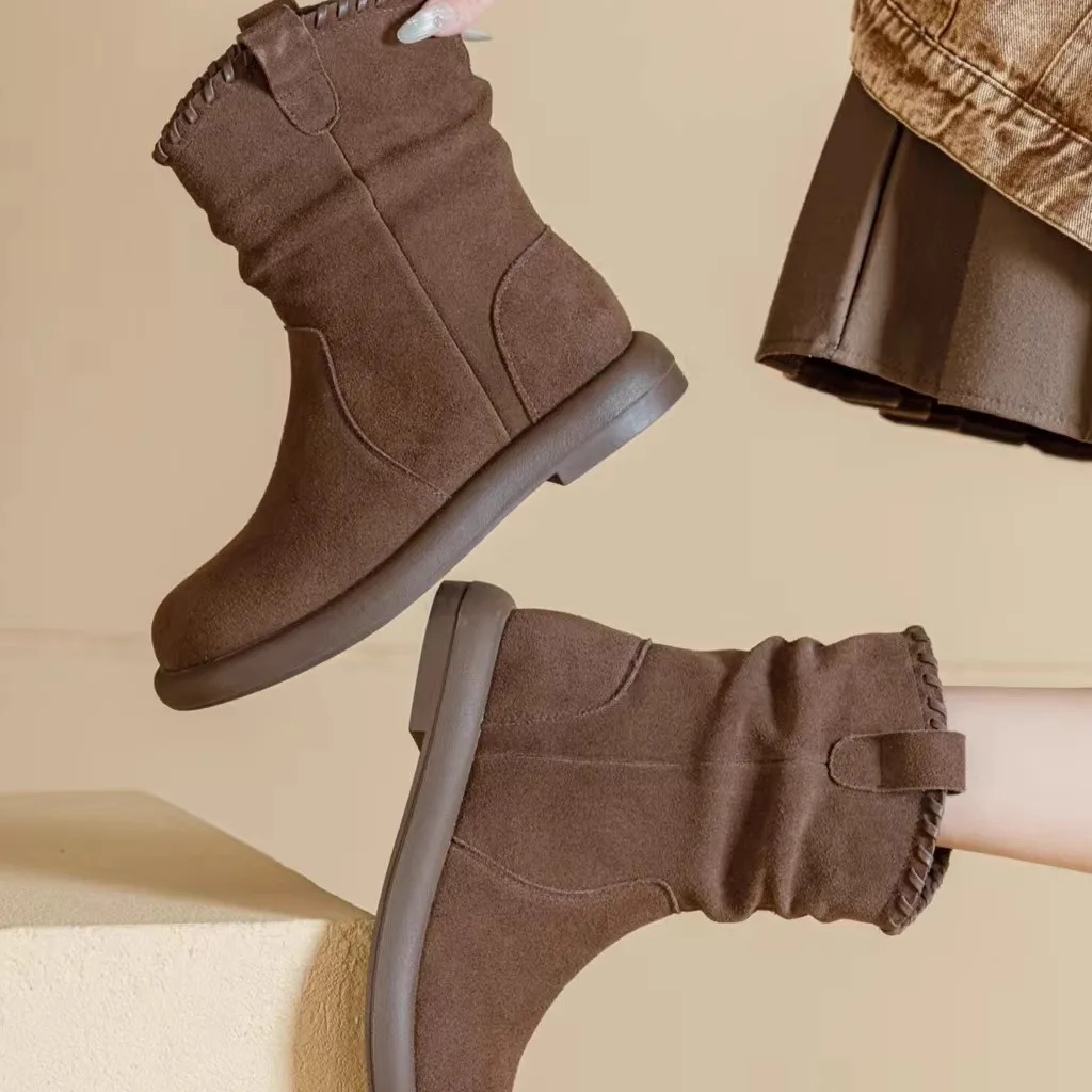 

Women's Mid-Calf Boots Real Leather Western Style Slim Fit Booties Comfortable All-Season Rubber Sole round Toe Boots