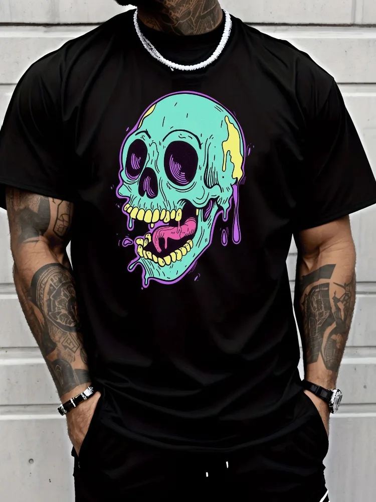 Men Summer Neon Drip Skull Print T Shirt Streetwear Crew Neck Soft Breathable Hip Hop Punk Top Male Daily Short Sleeve Tee