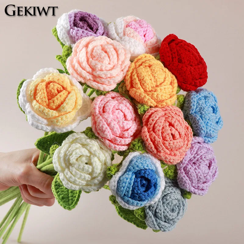 

Готовый вязаный крючком букет искусственных роз ручной работы для свадьбы, подарок на День святого Валентина, украшение для дома