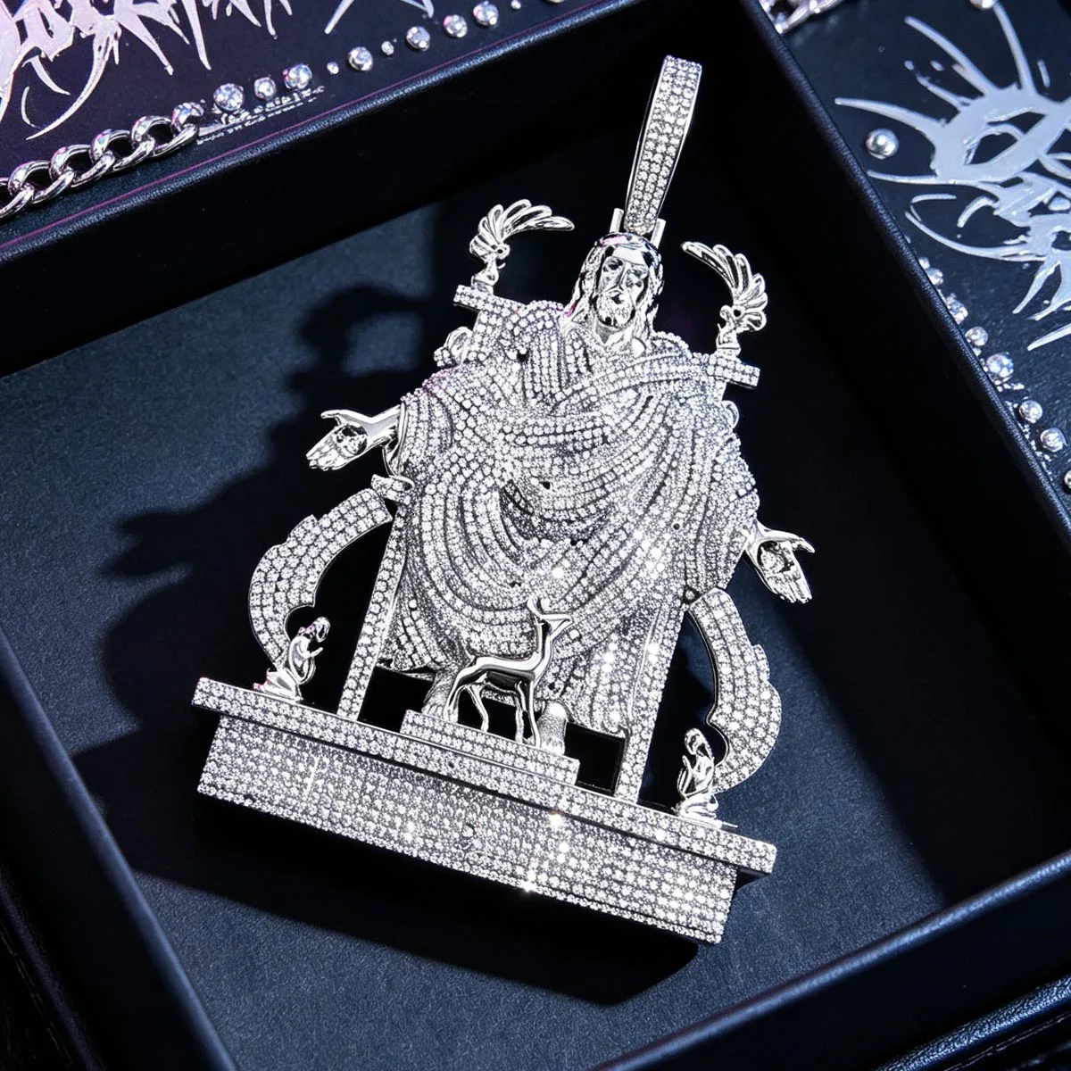 Iced Out Enthroned Jesus Christ Pendant Hip Hop 3D Religious Figure Charm With Deer Angel Details Bling Statement Necklace Gift