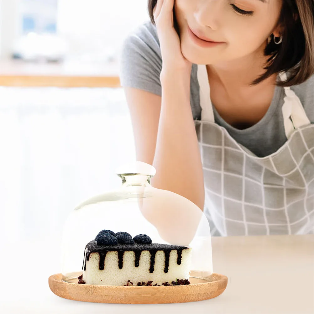 

1 Set Cake Tray With Glass Dome Smooth Edges Multi-Function Dessert Plate For Party Wedding Gathering Household Bamboo Dessert