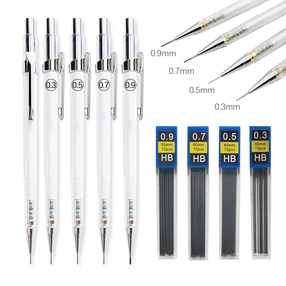 Transparenter Druckbleistift 0,3, 0,5, 0,7, 0,9 mm mit Minenminen-Set zum Skizzieren, automatische Bleistifte, Kunst, Zeichnen, Malen – Detail 2