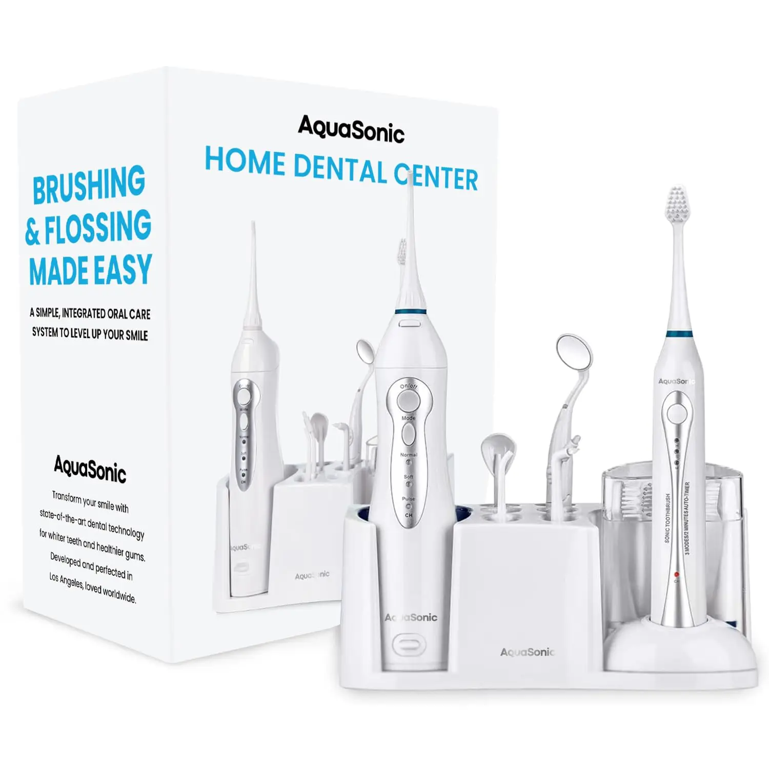 

Аккумуляторная зубная щетка AquaSonic Home Dental Center и умная ирригатор для воды — 10 насадок в комплекте — с таймерами (белый)