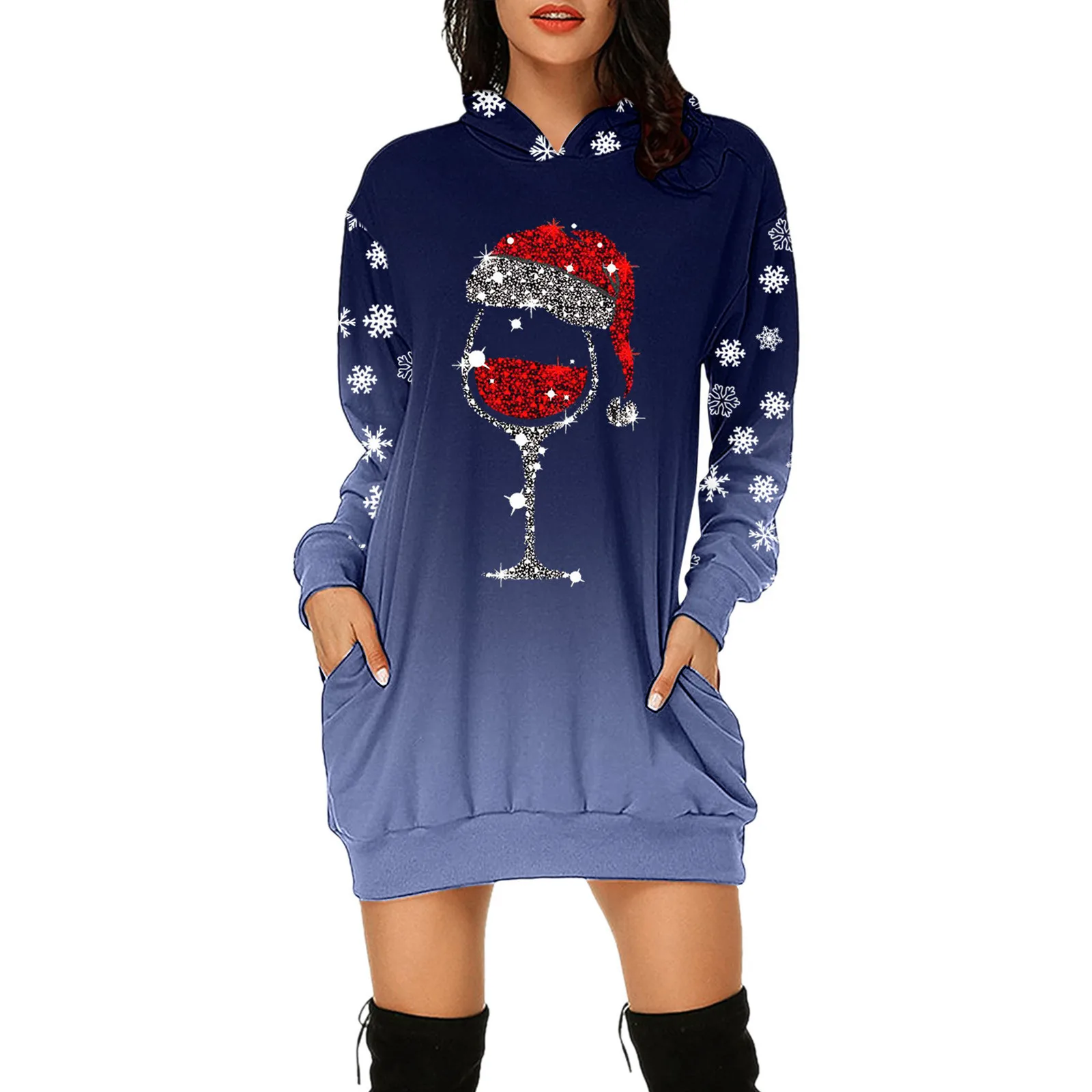 Ladies Fashion Women Christmas Red Wine Glass Sweatshirts Christmas Hat Print Winter Hoodies Female Long Sleeve Shirts Dresses