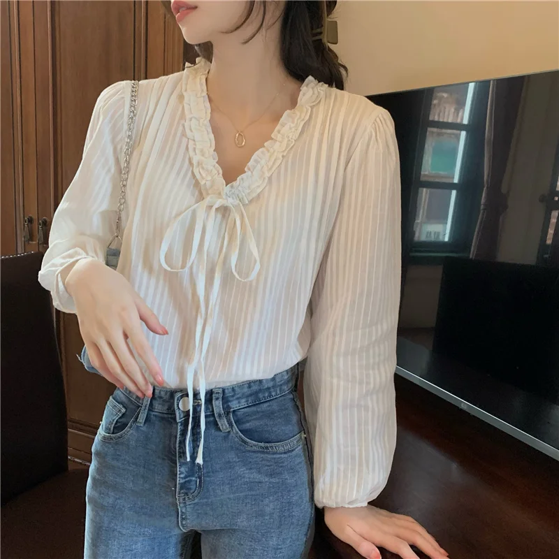 

Spring New Sweet V-neck Lace-up Long-sleeve Shirt Women Korean Style Loose White Striped Blouses Tops Female 2023 Clothing