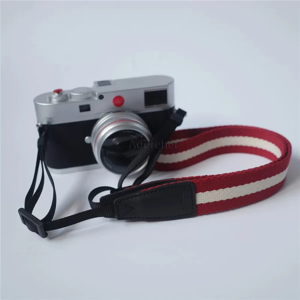 Vintage Style Red-White Striped Camera Neck Strap Adjustable Leather Woven Belt Compatible for DSLR/ Mirrorless Camera