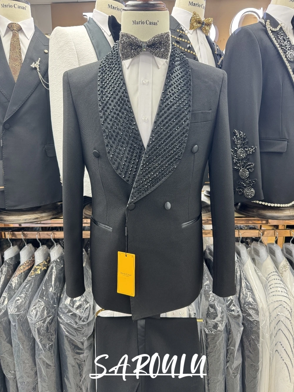 

Black Beads Embellished Men's Suit, Stylish Two Pieces Set Formal Wear For Weddings & Galas, Handsome Double Breasted Tuxedo