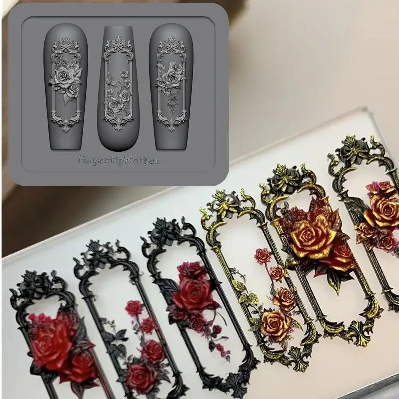 1Pc Retro 3D Nail Molds Window Frame Rose Flower Frame Nail Mold 3D Carving Silicone Template DIY Manicure Decoration Tools`-..