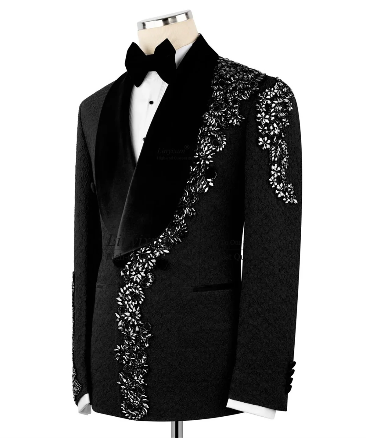 

Sparkling Stones Crystals Men Suits 2 Pieces Sets Shawl Label Tuxedos Customized Male Jacquard Blazer Pants robe mariage femme