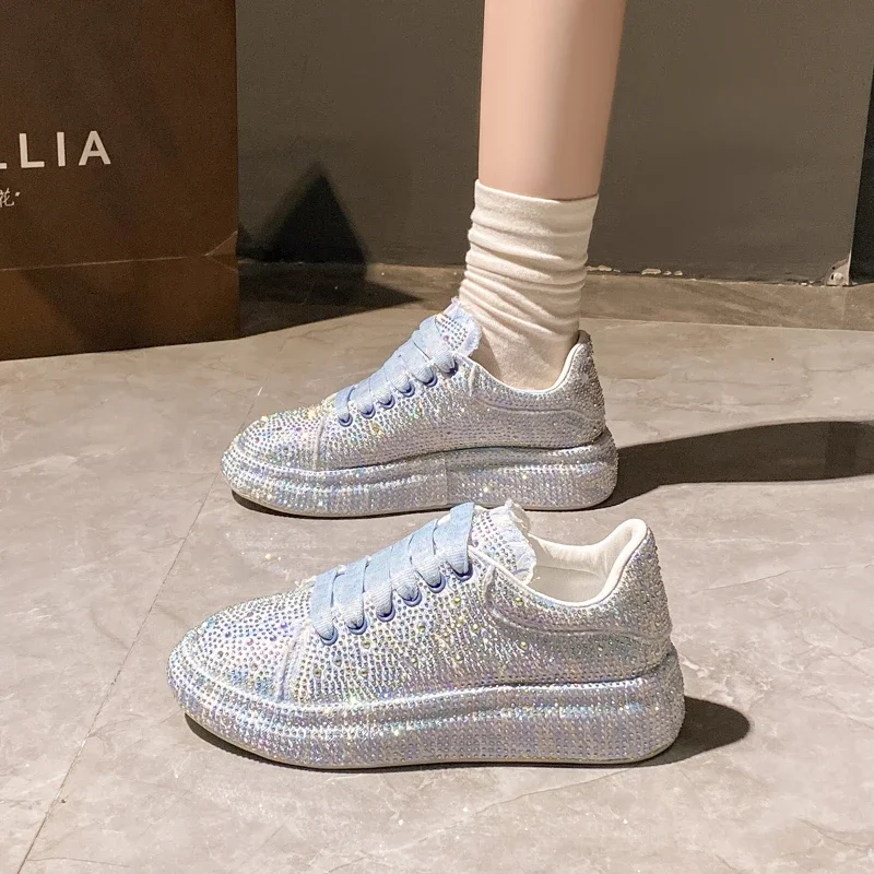 2024 ženy krajky nahoře tenisky glittery podzim plochý vulkanizované dámy bling ležérní ženské móda platforma zapatos de mujer boty