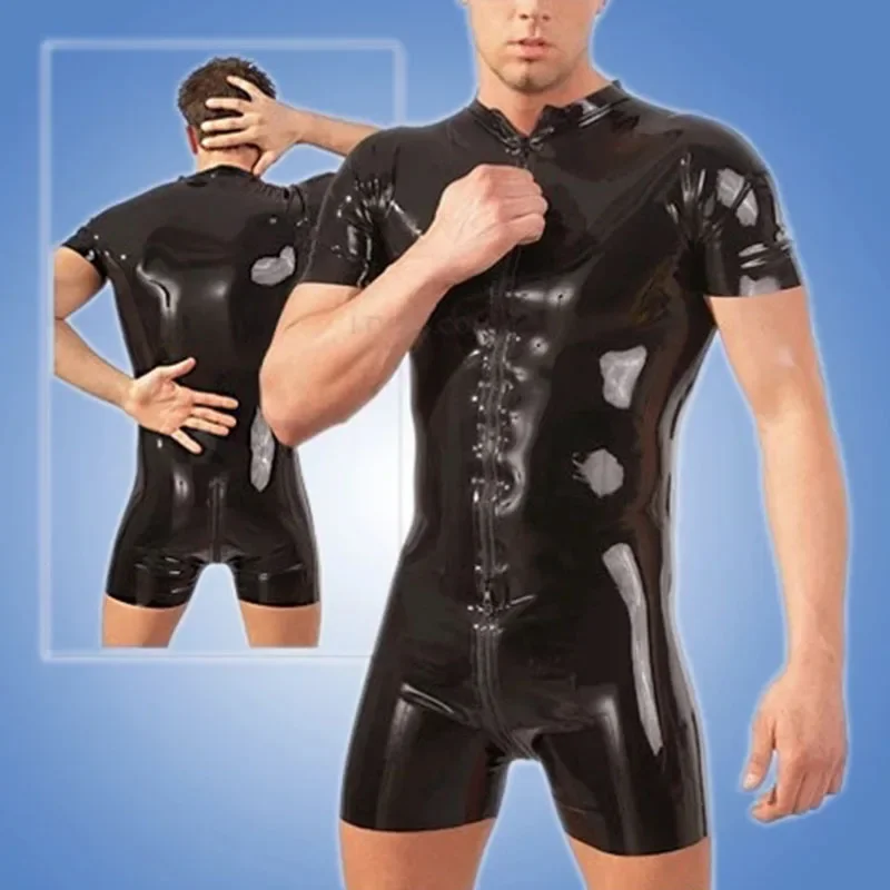 

Men Short Sleeve Latex Bodysuit with Front Crotch Zipper Fetish Rubber Jumpsuit Handmade