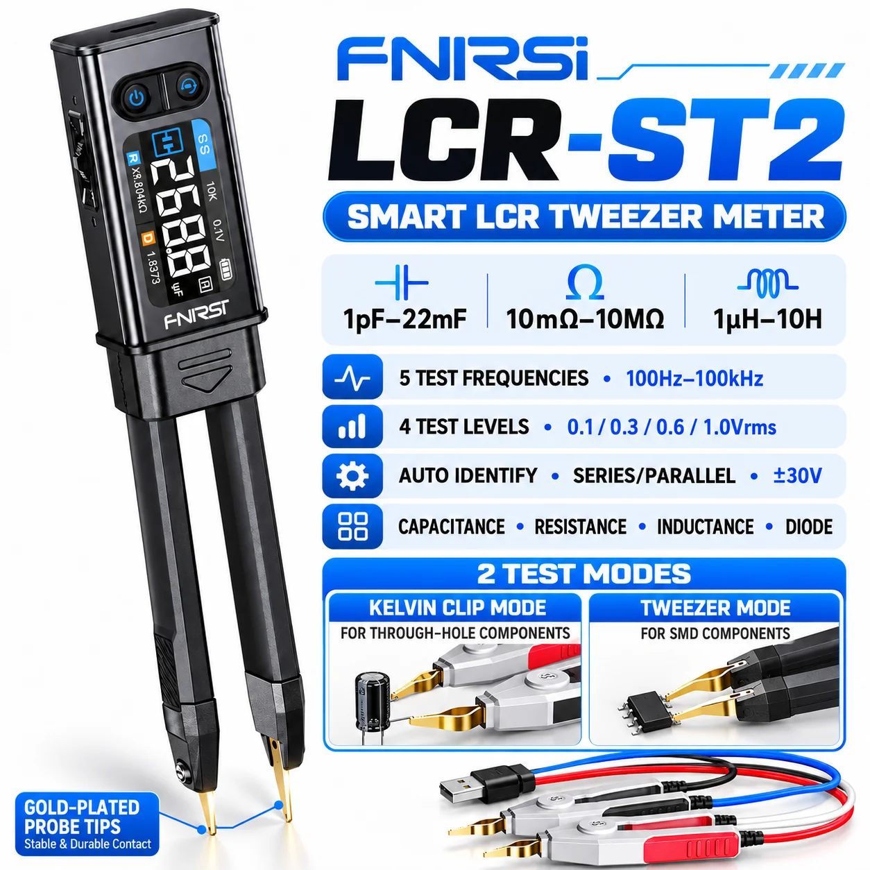 FNIRSI LCR-ST2 2-in-1 Tweezer LCR ESR Meter SMD Tester 30V Kelvin Clip Capacitance Inductance Resistance Diode Continuity