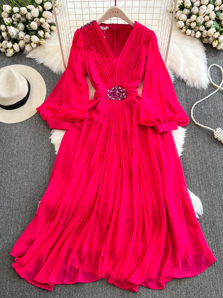 Aibeautyer New Casual Spring Summer Solid Slim Full Lady Dress A Line V Neck Lantern Sleeve Chiffon Pullover Women Dresses