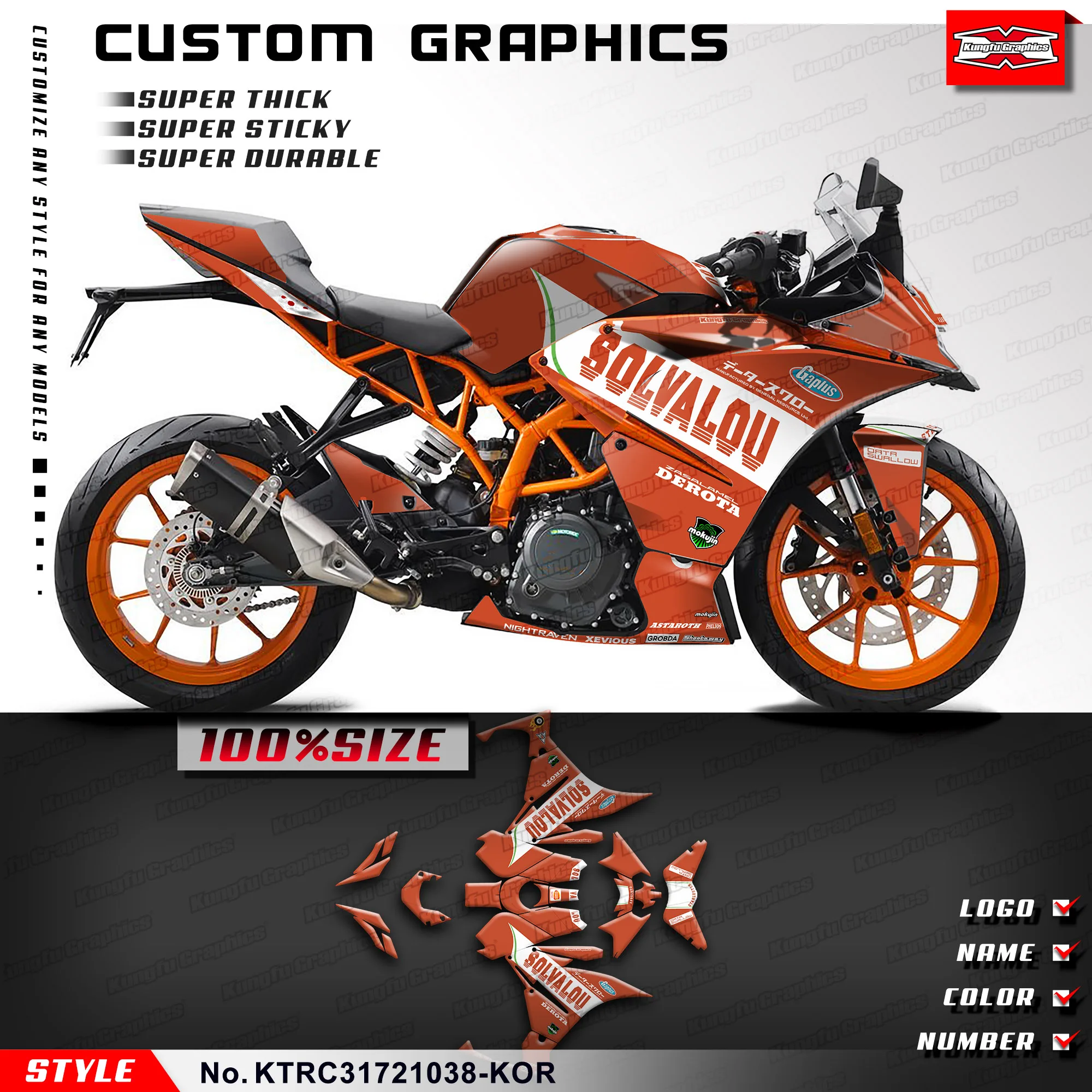 KUNGFU GRAPHICS Decal Kit Motorcycle Stickers for KTM RC 125 200 250 390 2017 2018 2019 2020 2021 2022 2023 24, KTRC31721038-KOR