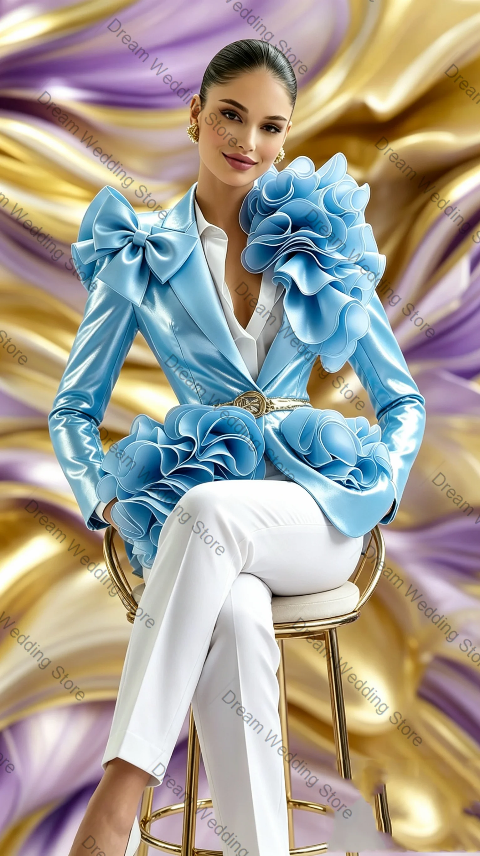 

Blue Women Suit Set 2 Pcs Blazer+Pants Trousers Belted Spring Formal Office Lady Jacket Customized Wedding Guest Coat