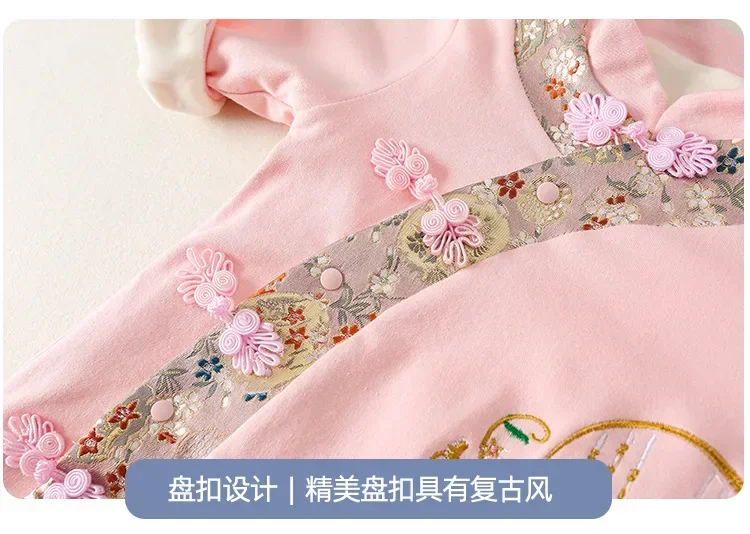 Chinese Style Costume for Newborn Baby One-piece Fall/Winter Wear Vintage Embroidery Warm Tang Suit Baby Kids Girls Pink Romper