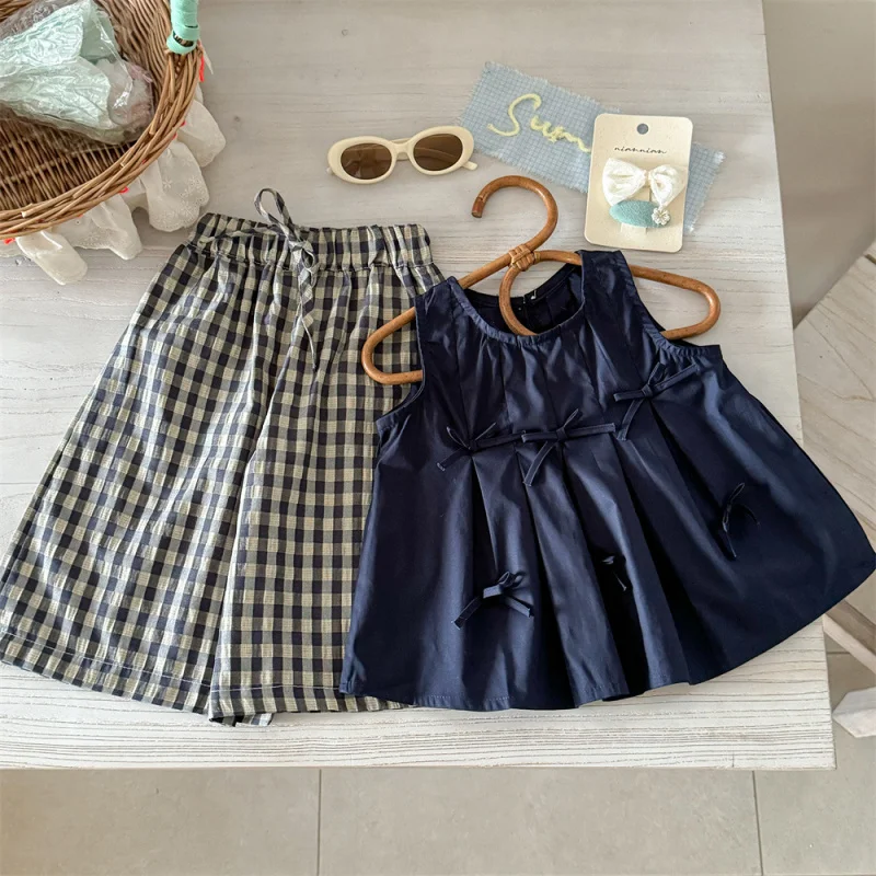 

Girls' Sleeveless Doll Shirt Set Summer Style Girls' Bowknot Vest Plaid Pants Mori Style Two-Piece Set Trendy