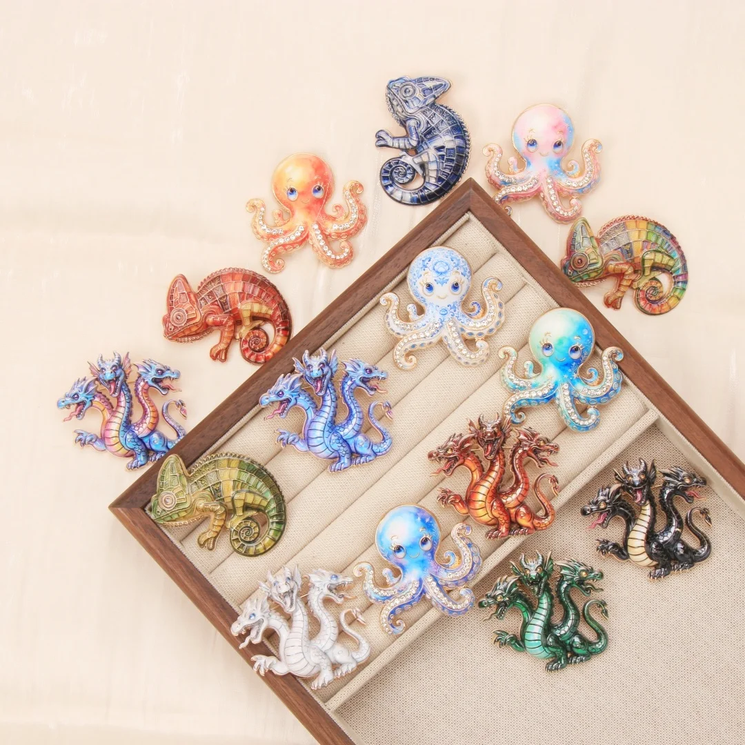 Emaille-Drachen-Oktopus-Chamäleon-Brosche Retro Metall-Strass-Anstecknadel Einzigartige Tierbroschen für Damen Mantel Anzug Schmuck Geschenk