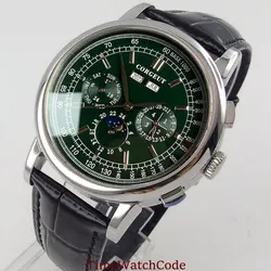 Corgeut 42mm männer Mechanische Automatische Uhr Woche Datum Monat Jahr Mond Phase Tag/Nacht Lederband 316L poliert Fall