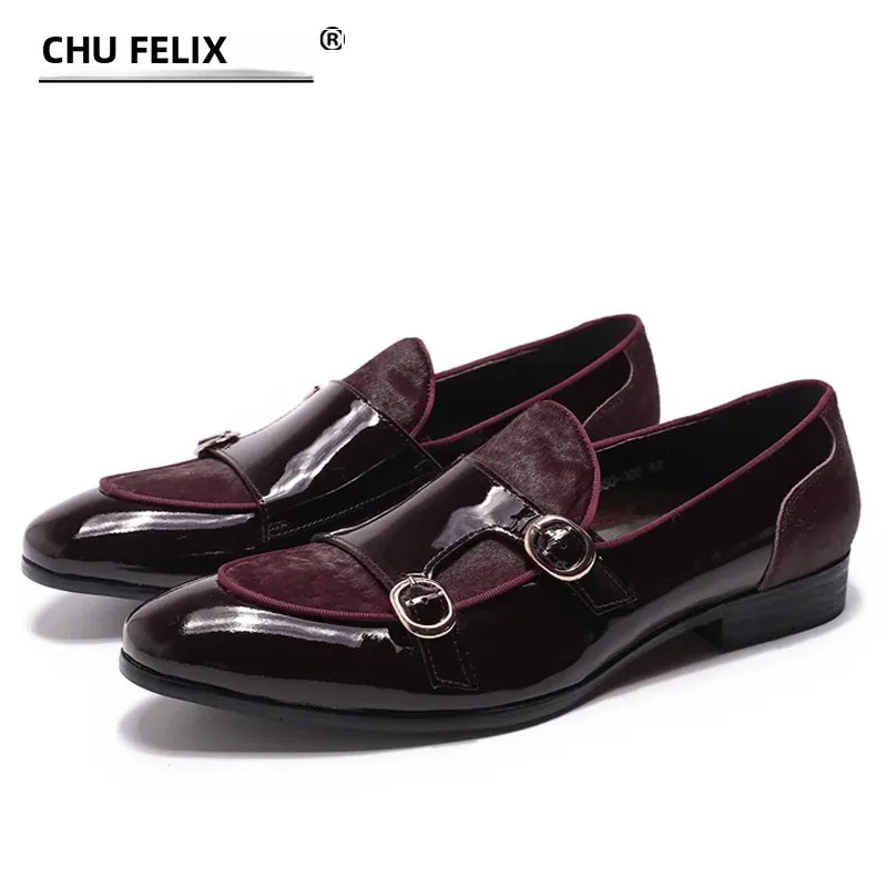FELIX CHU Zapatos de vestir con correa de monje de charol para hombre, mocasines de boda, detalle de pelo de caballo, calzado informal Formal para fiesta para caballeros