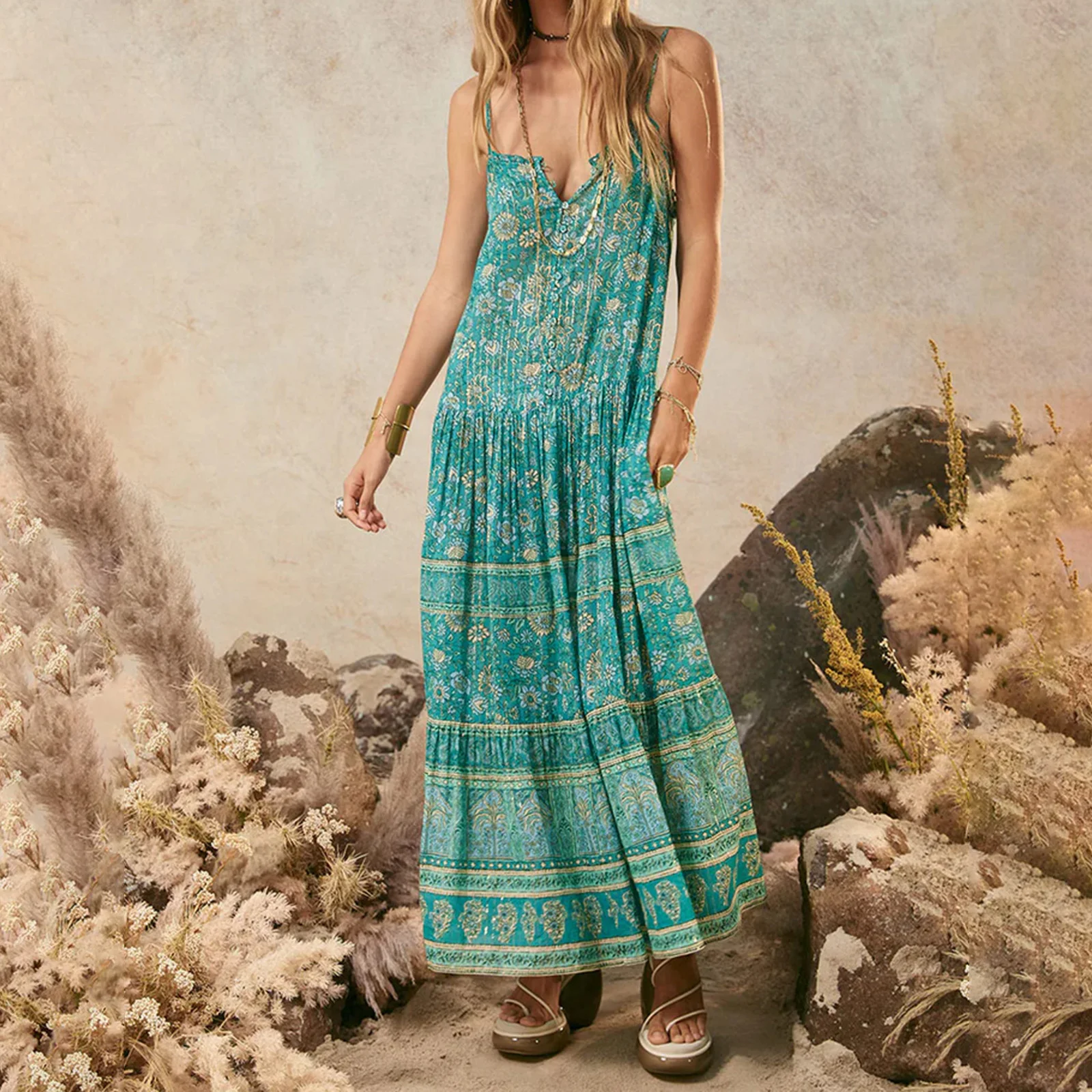 Boho Women Sukienka bez rękawów na ramiączkach Spaghetti Sukienka z kwiatowym nadrukiem Dekolt w kształcie litery V Długa, zwiewna sukienka na wakacje Koktajl Streetwear