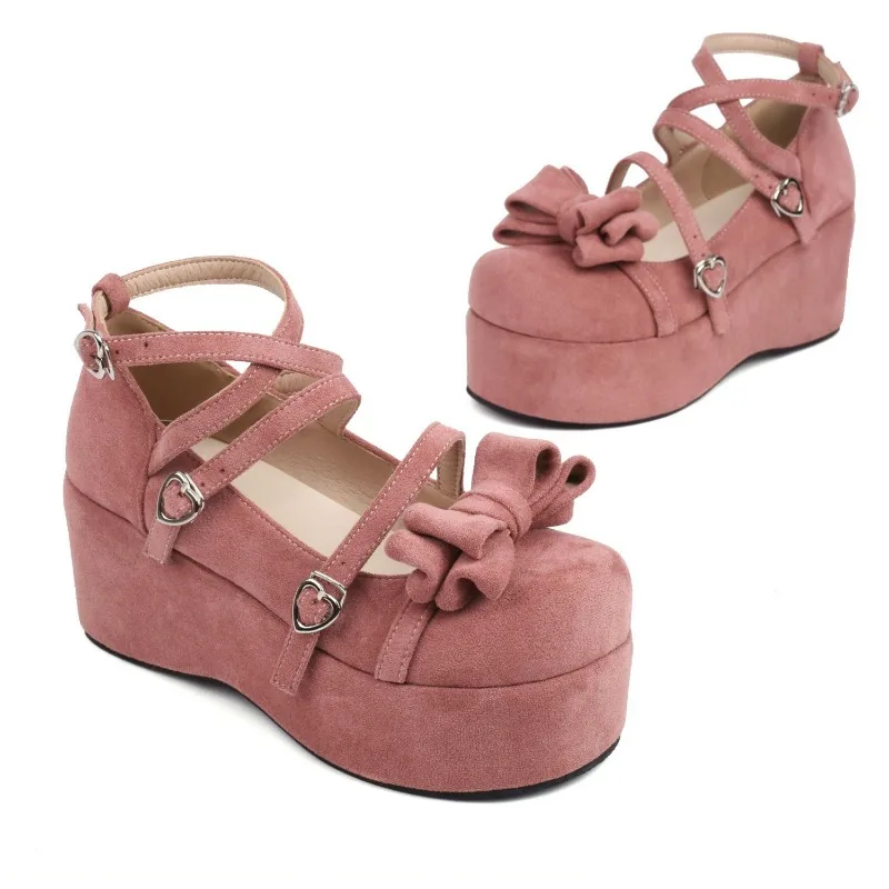 Women's Platform Suede Mary Janes Ankle Heart Buckle Lolita Gothic Princess Thick Sole Wedges Pumps Dress Shoes Plus Size 34-43